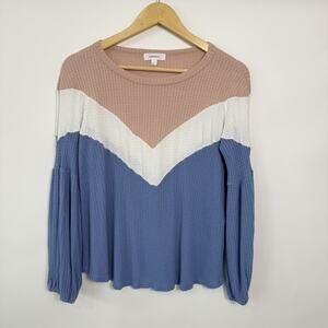 Hailey & Co Waffle Knit Top Womens Size L Colorblock Balloon Sleeves Boho Casual